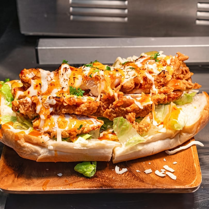 Crispy fried chicken sandwich with lettuce, white sauce, and orange sauce on a wooden board.